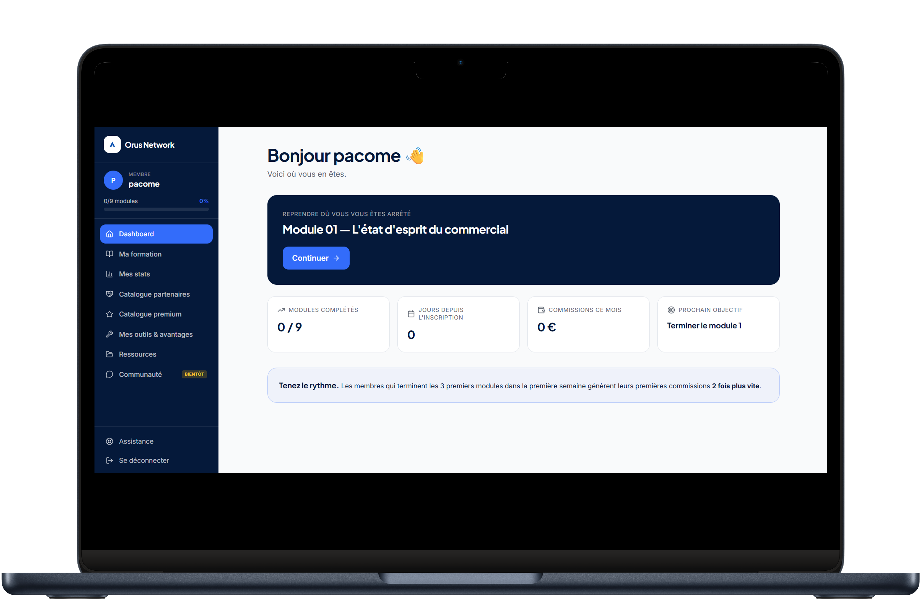 Aperçu de l'espace membres Orus Network